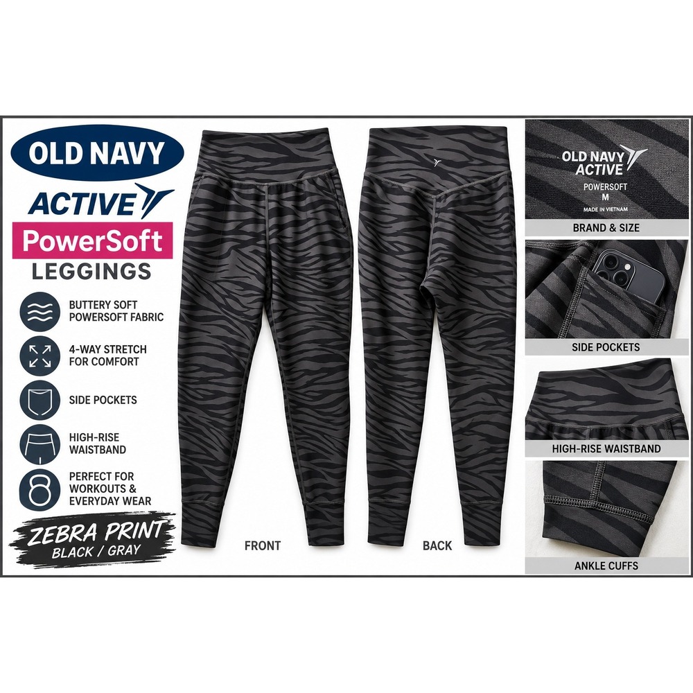 Old Navy Active PowerSoft Leggings Womens Medium Zebra Print Gray Black Pockets